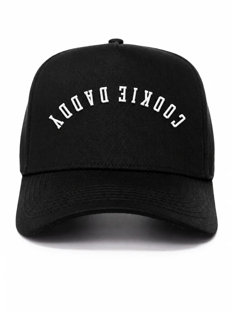 Black 5-panel hat, COOKIE DADDY in white arched letters on the front panel