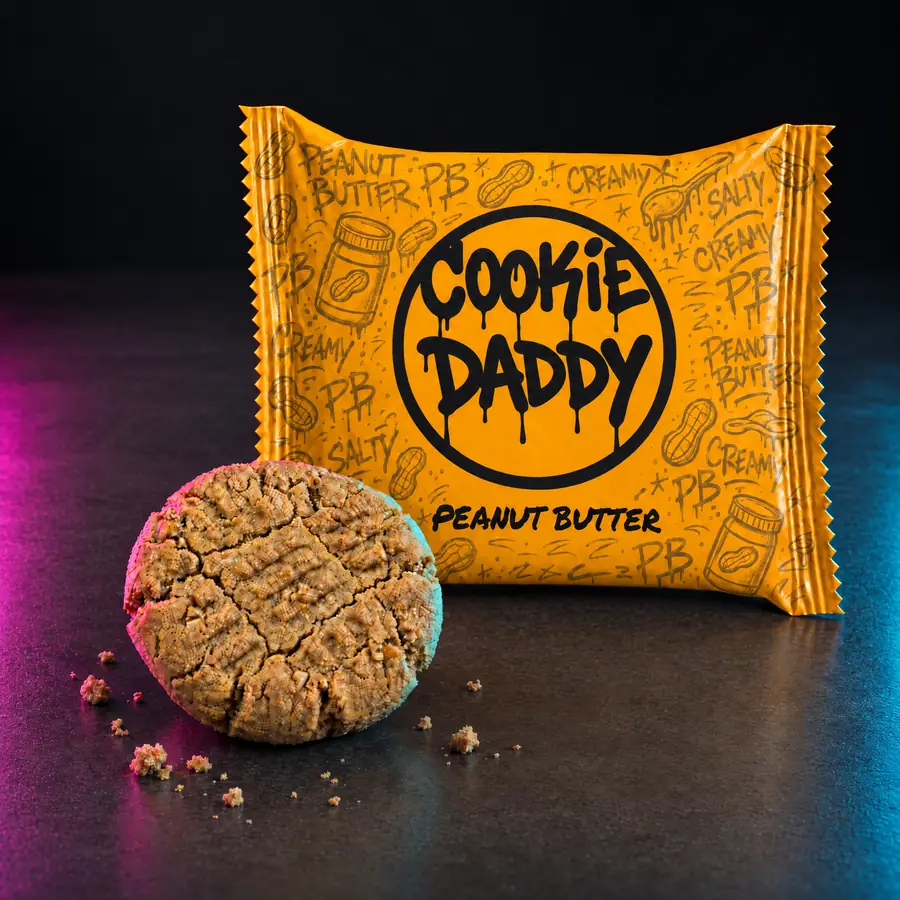 Neon amber Cookie Daddy wrapper, black ring tag with PEANUT BUTTER printed under it, unwrapped peanut butter cookie in front on dark concrete