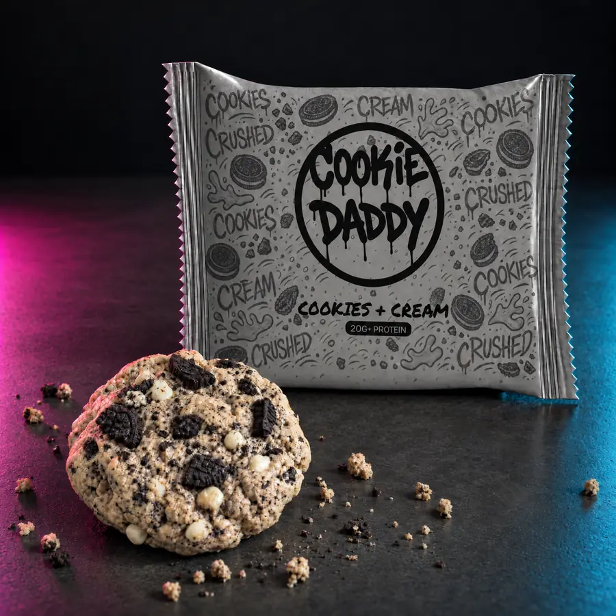 Concrete grey Cookie Daddy wrapper, black ring tag with COOKIES AND CREAM printed under it, unwrapped cookies and cream cookie in front on dark concrete